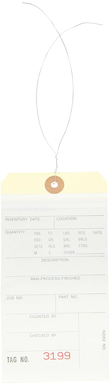 Aviditi Inventory Tags with Printed Carbonless Top Sheet, #8 6 1/4" x 3 1/8",Wired, Consecutively Numbered Series (3000-3499), White/Manila, for Inventory Management, Case of 500