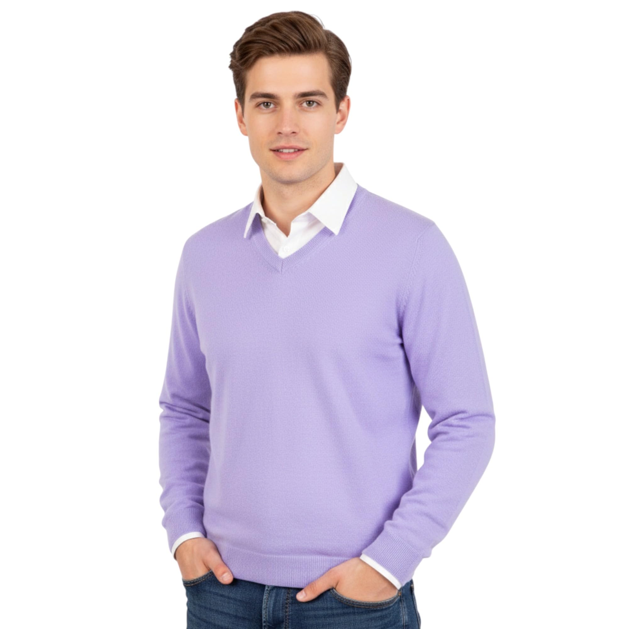 Marenza Men's Lilac V Neck Mere Blend Silk Made In Italy Sweater Paricol Pullover Long Sleeve Merino Wool Mere Sweater Beige Blue Grey Knit Winter Clothing Gift, Xxl