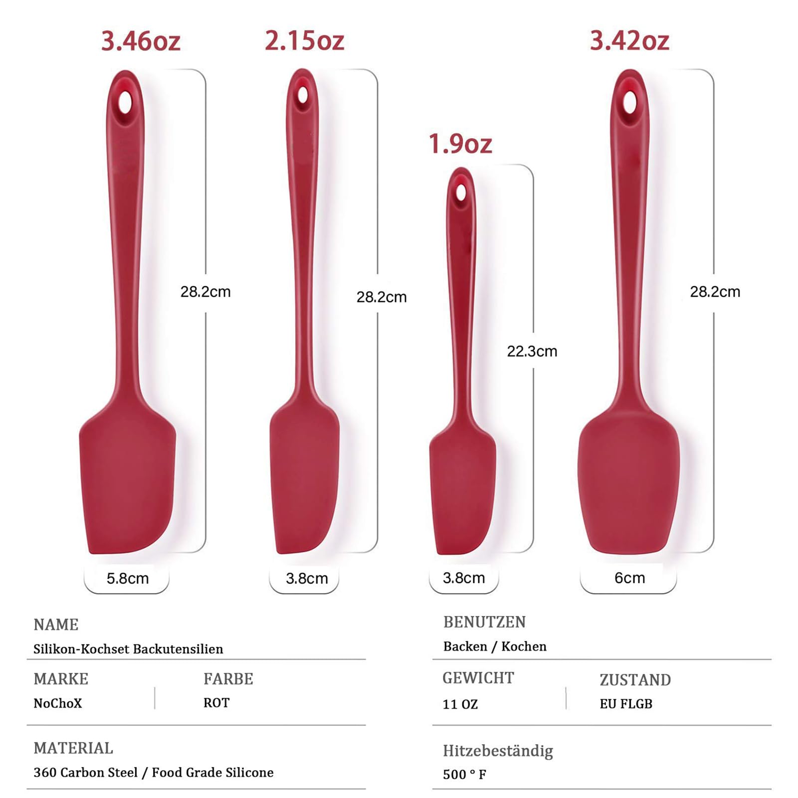 NoChoX 4 Pezzi Spatole in Silicone, Resistente al Calore 500 °F, Spatola da Cucina Utensili con Anima in Acciaio, Senza BPA, Antiaderente, Spatula Silicone per Mescolare, Cuocere e Cucinare, Rosso