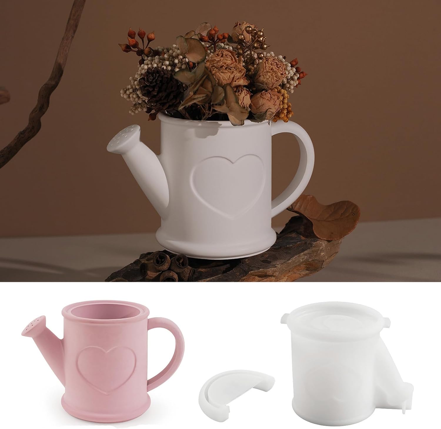 1 Pc Watering Can Shape Container Resin Silicone Mold Heart Pattern Epoxy Concrete Cement Mold for Planter Pot Candle Holder Storage Jar DIY Home Decor Craft Decorations Gifts Trinket Tray