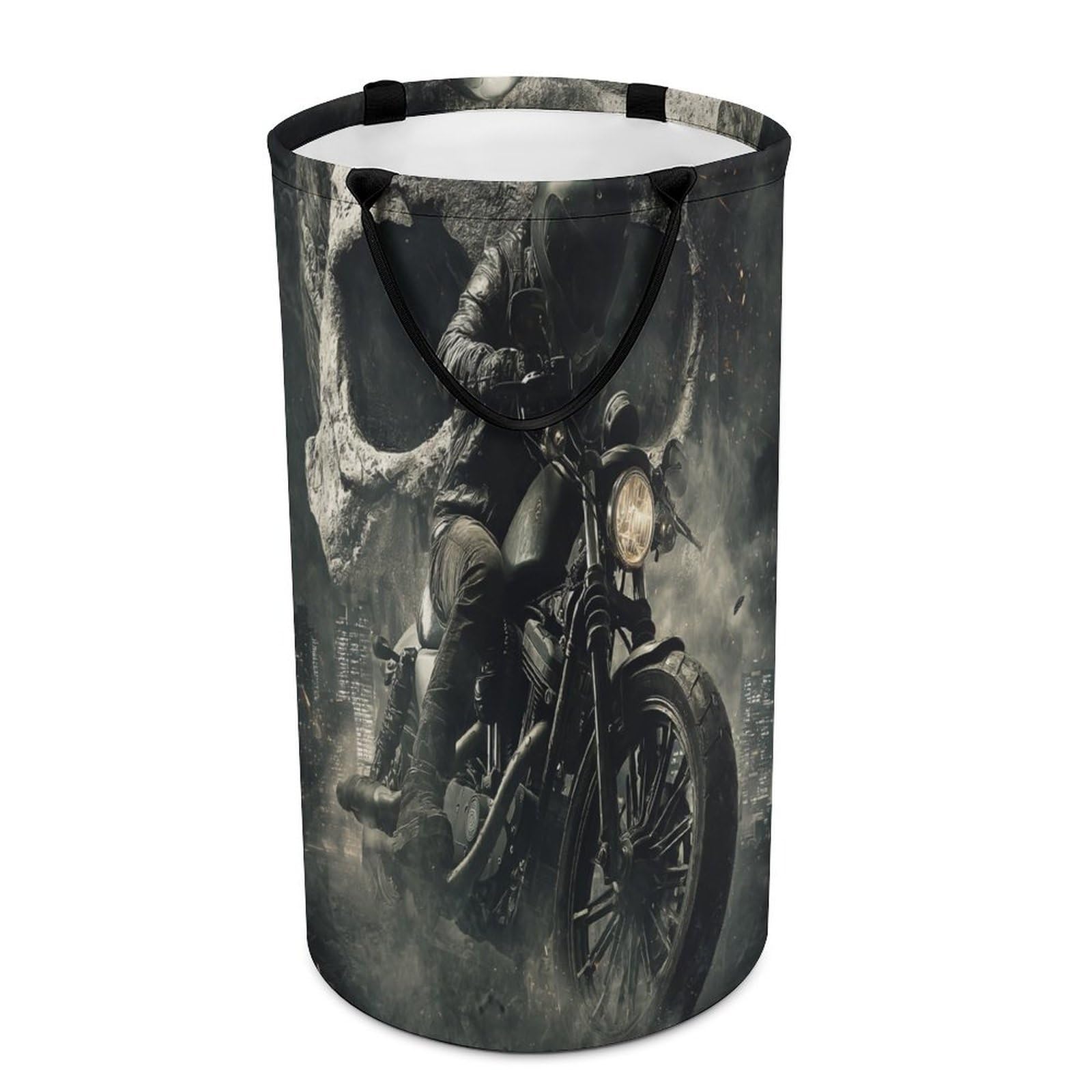 LUYYSKY Cool Realistic Motorbike Rider Versatile Storage Laundry Basket, Retro Oil Painting Extreme Sports Theme Spooky Skull Skeloton Large Capacity Bathroom Hamper With Handle