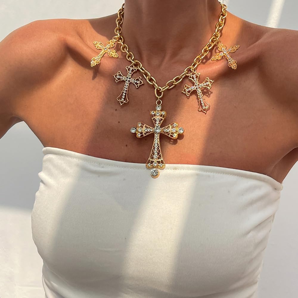 Chunky Gold Zircon Cross Choker Necklace for Women,Vintage Gothic Big Pearl Cross Statement Necklace,Trendy Personalized Party Jewelry Gift Anniversary - Image 2