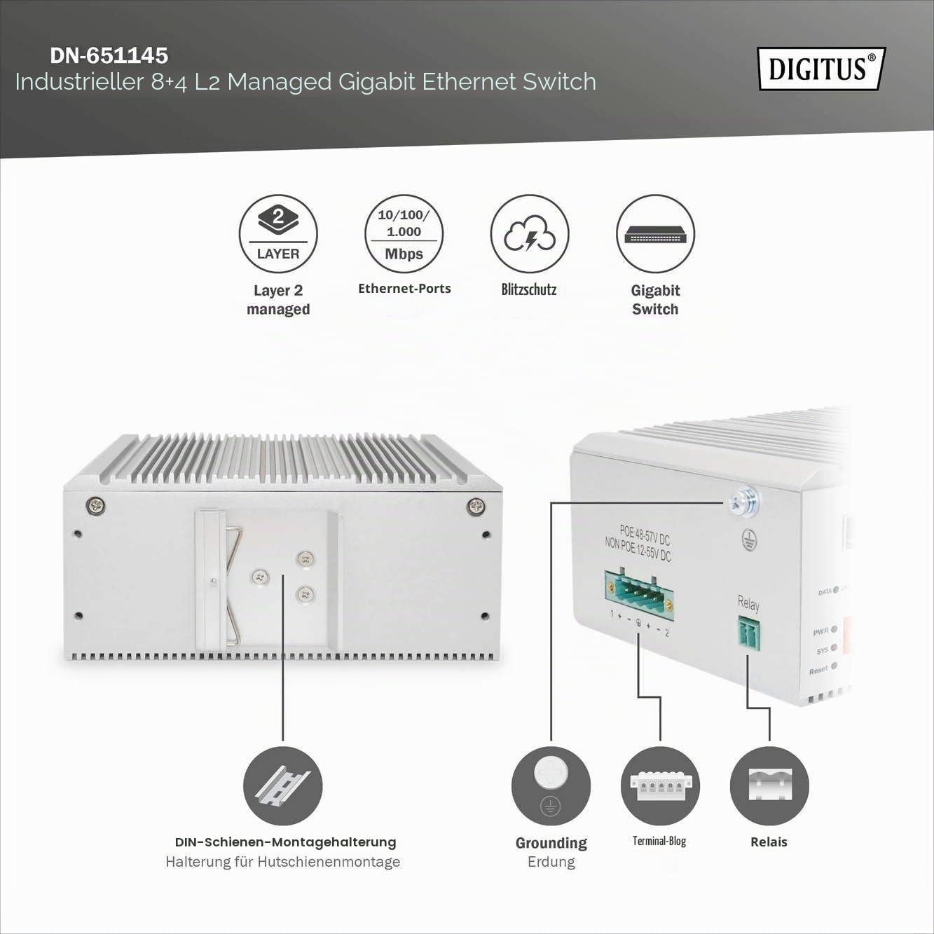 DIGITUS 8 Port Gigabit Ethernet Netzwerk Switch Industrial L2 managed 4 SFP Uplink