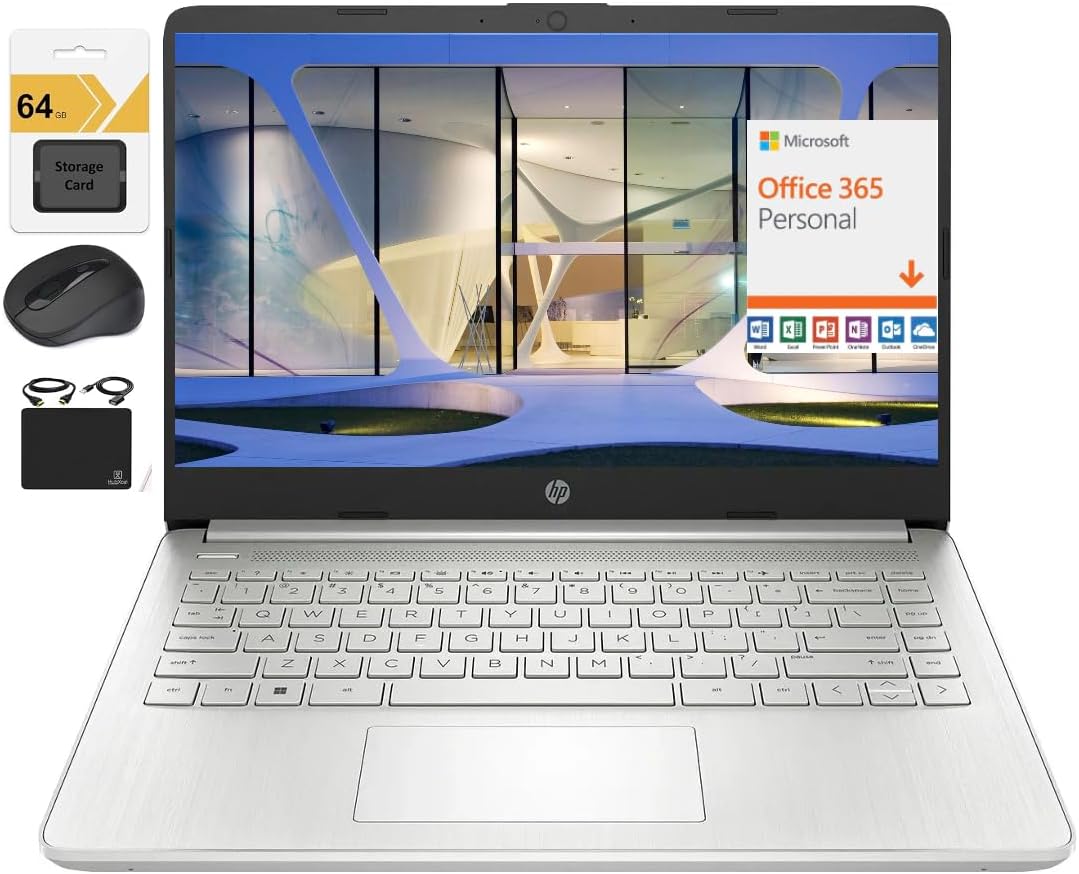 HPNew 14" HD Ultra Light Thin Laptop, Quad-Core Intel Celeron Processor, 4GB RAM, 192GB (128GB eMMC+ 64GB Card), Wi-Fi, Upto 11 Hours, Windows 11 S + 1 Year Office 365+HubxcelAccessory, Silver