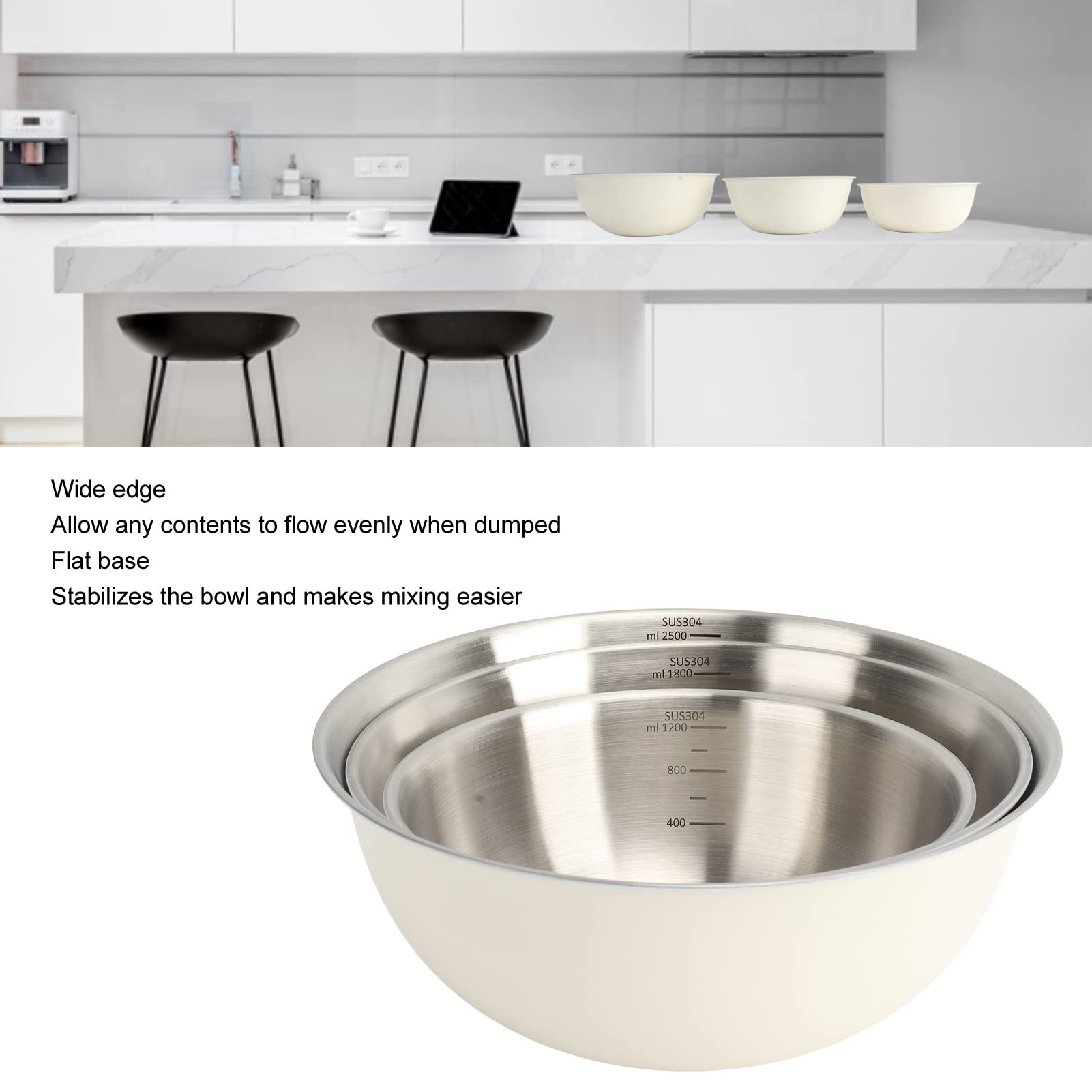 3 Pcs Bols à Mélanger avec Balance, Bassin à Salade Japonais en Acier Inoxydable Cuisson Pétrir la Pâte Bol à œufs Cuisine Organisateurs de Stockage des Aliments(Blanc)
