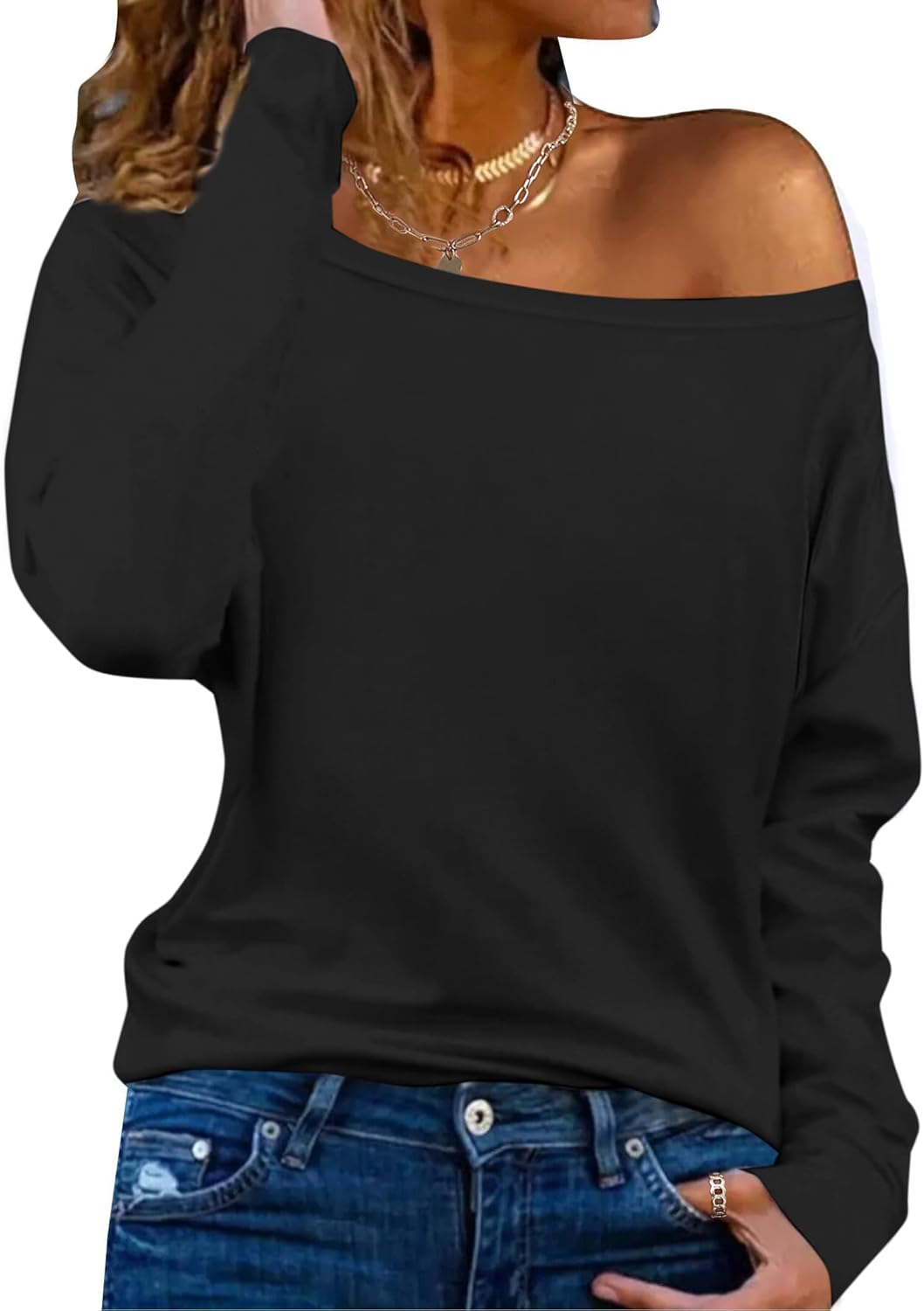 Hilinker Women's Off Shoulder Tops Long Sleeve Graphic Tees Casual Loose Boat Neck T Shirts