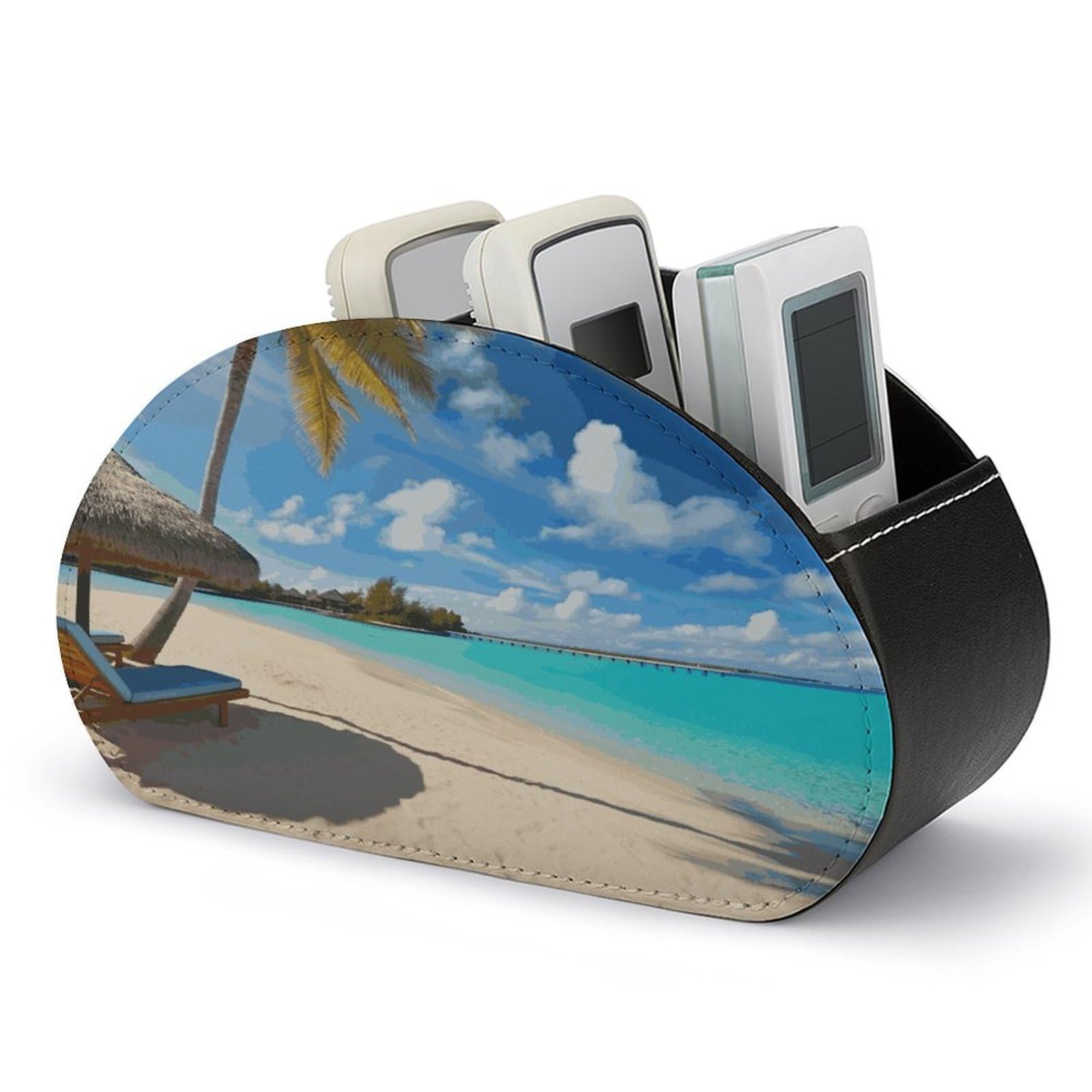 FekiLoot Tropical Beach Remote Control Holder, PU Leather Remote Control Organizer Box Stationery Remote Control Box Desk Storage Organizer for DVDs,Glasses,Pens,Media Players