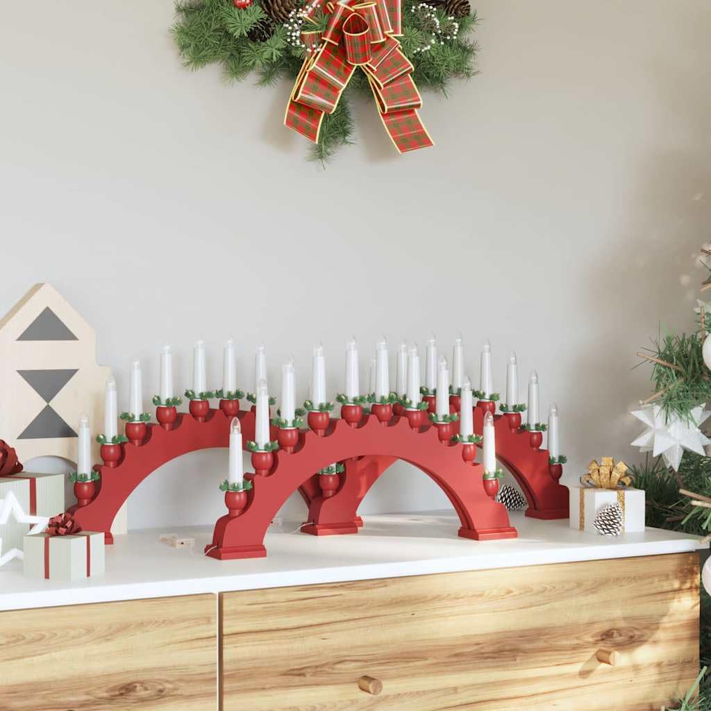 Arco de velas de Navidad de pino macizo con 10 velas LED blanco cálido, 3 unidades, color rojo, funciona con pilas, para alféizar de la chimenea, iluminación festiva de Navidad y acogedor