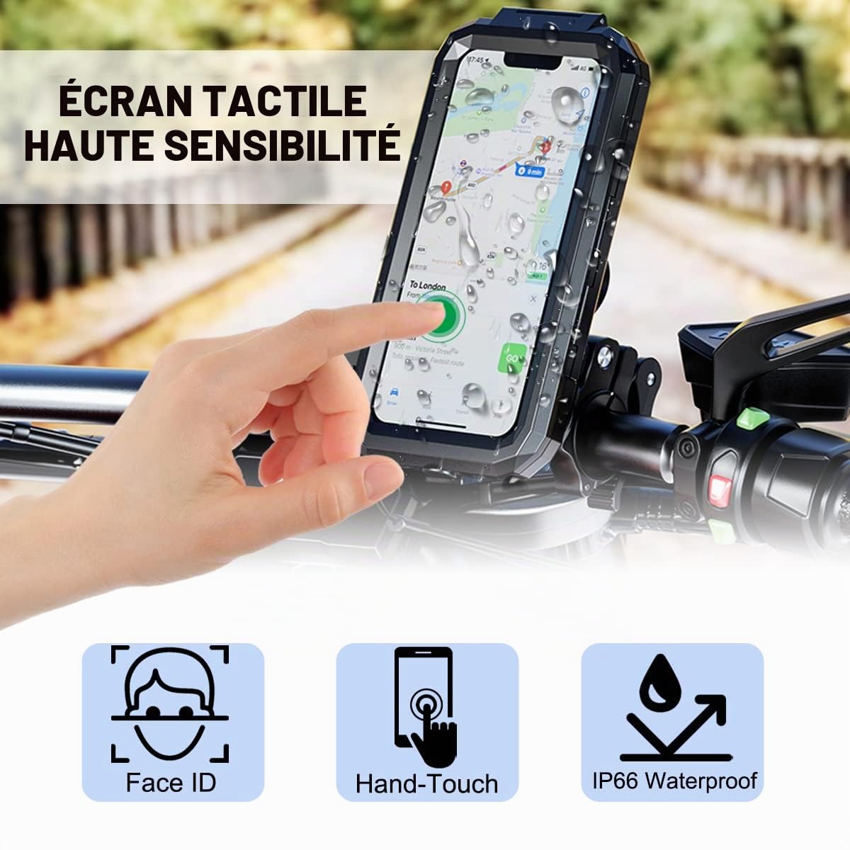 REETEE Support Telephone Velo Moto Etanche, Universel Ecran Tactile Support Smartphone Vélo 360°Rotation Anti-Vibrations Support Guidon Housse de Téléphone pour 4,7-6,8 Pouces Smartphones (Noir,L)