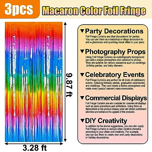 Image of 3 Pack Dark Rainbow Foil Fringe Curtain Backdrop, 3.28Ft x 9.8Ft Metallic Tinsel Foil Fringe Streamer Curtains for Photo Booth, Christmas Day, Thanksgiving, Wedding, New Year Party Decorations