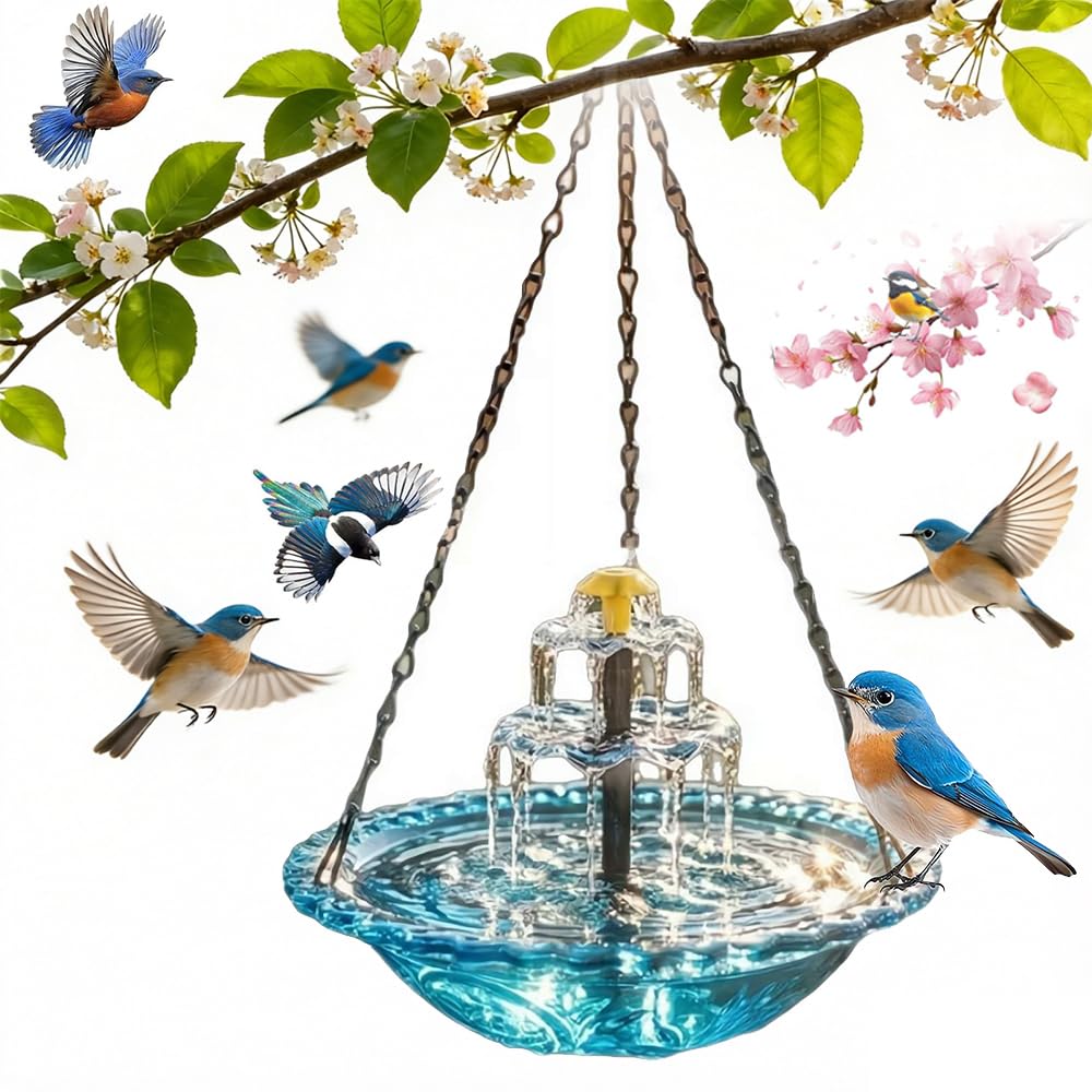 Solar Cascade Hanging Bird Bath Fountain, Solar Powered Birdbath Water Fountain Pumps Dispenser Outdoors Decor, Weatherproof Hanging Water Feature to Attract Wild Birds & Hummingbird