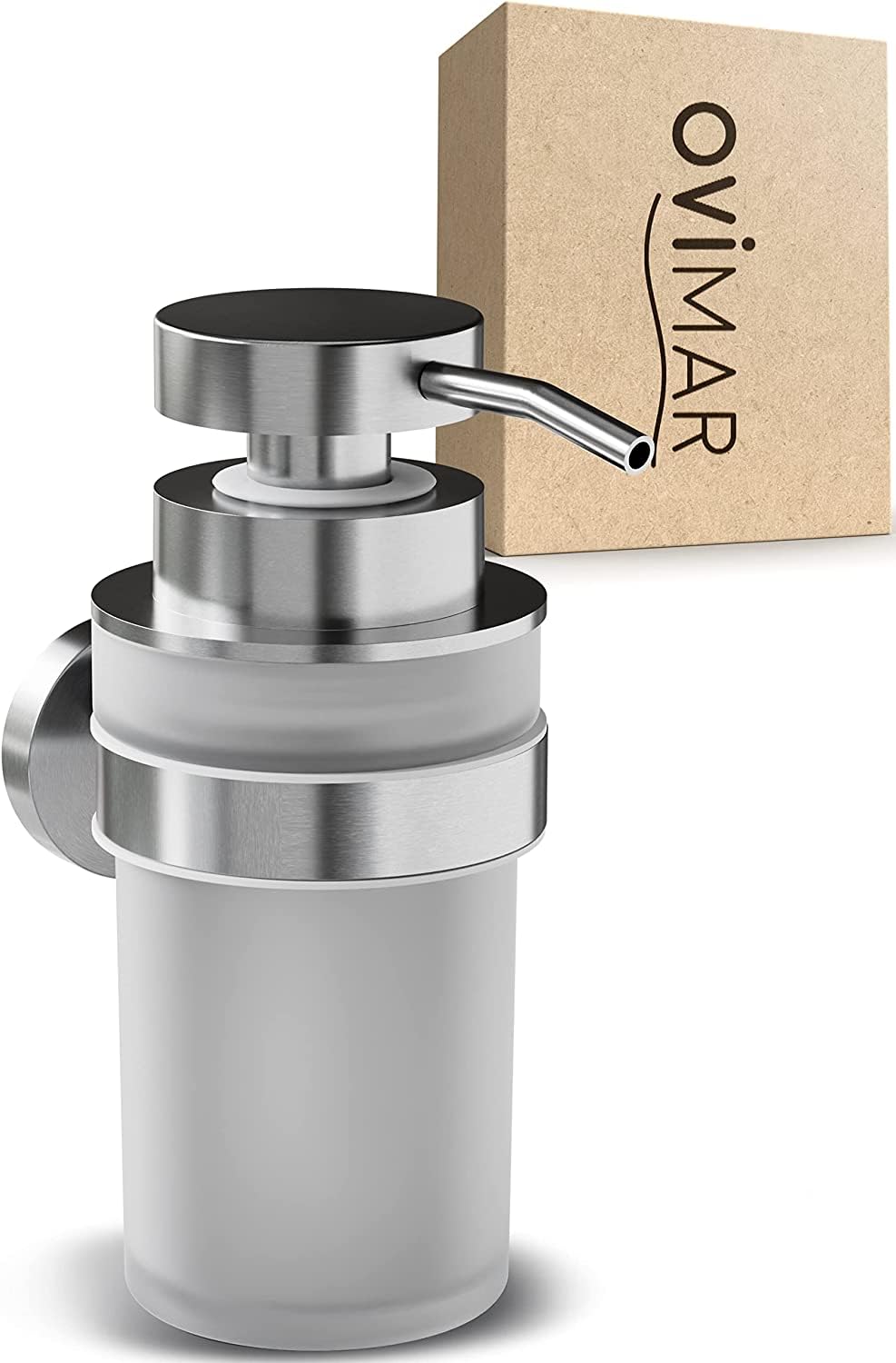 ovimar Dispensador de jabón Kegnaes Plata | con montaje en pared para taladrar | de acero inoxidable y cristal | apertura extra grande fácil de rellenar | para baño o cocina | dispensador de