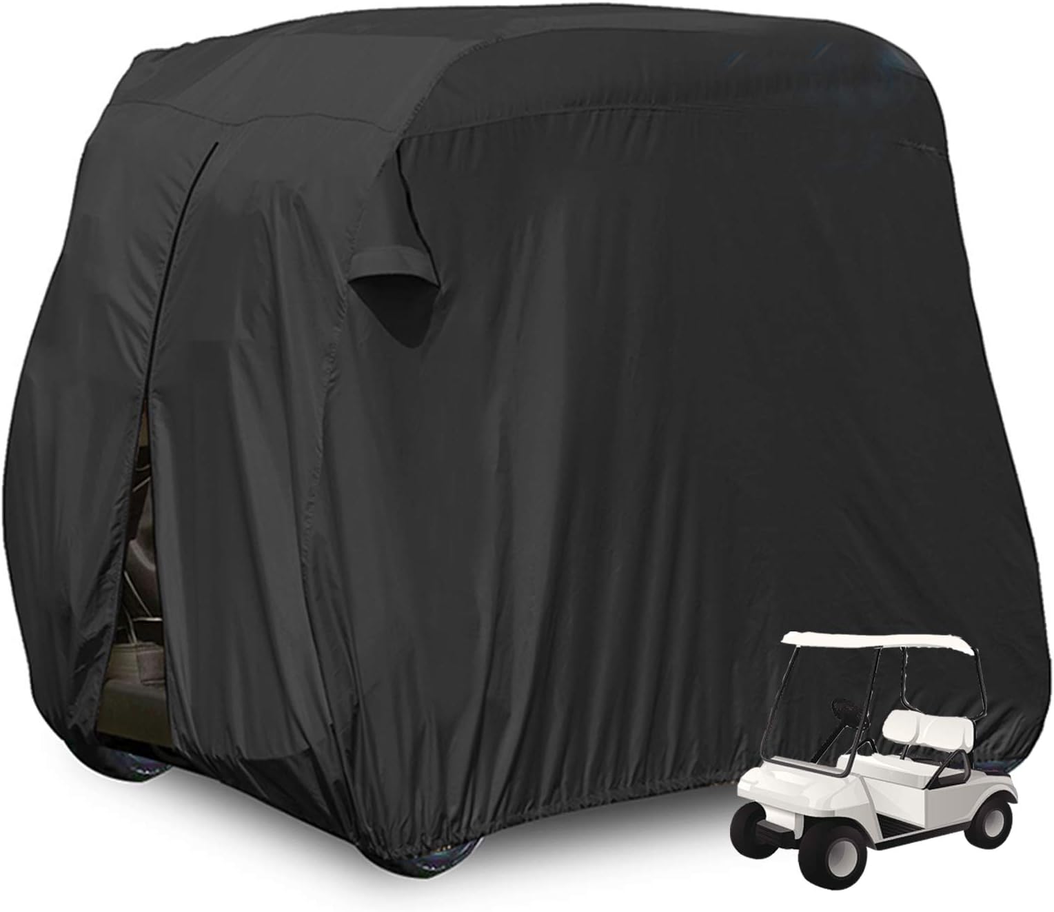 Moveland Waterproof Dust Golf Cart Cover Outdoor Accessories, Extra PVC Coating 2 Passenger Custom Cart Cover Compatible with EZ GO, Club Car, Yamaha(Black)