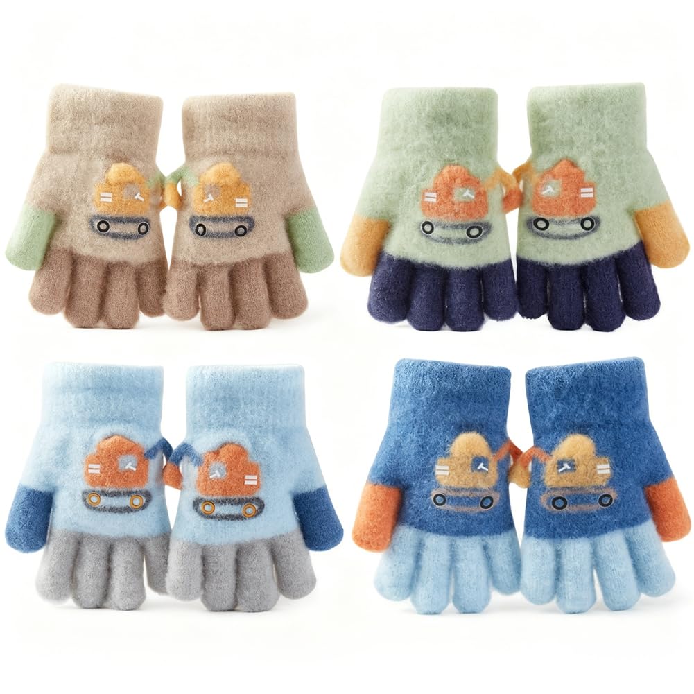 Pyrrlictoy Unisex Kids Khaki, Navy Blue, Green, Black Kids Magic Gloves, 4 Pairs Children's Stretch Full Fingers Gloves Warm Knit Glove Winter Thermal Mittens Elastic Mitten Cold Weather Glove Excavator Pattern For Boys Girls
