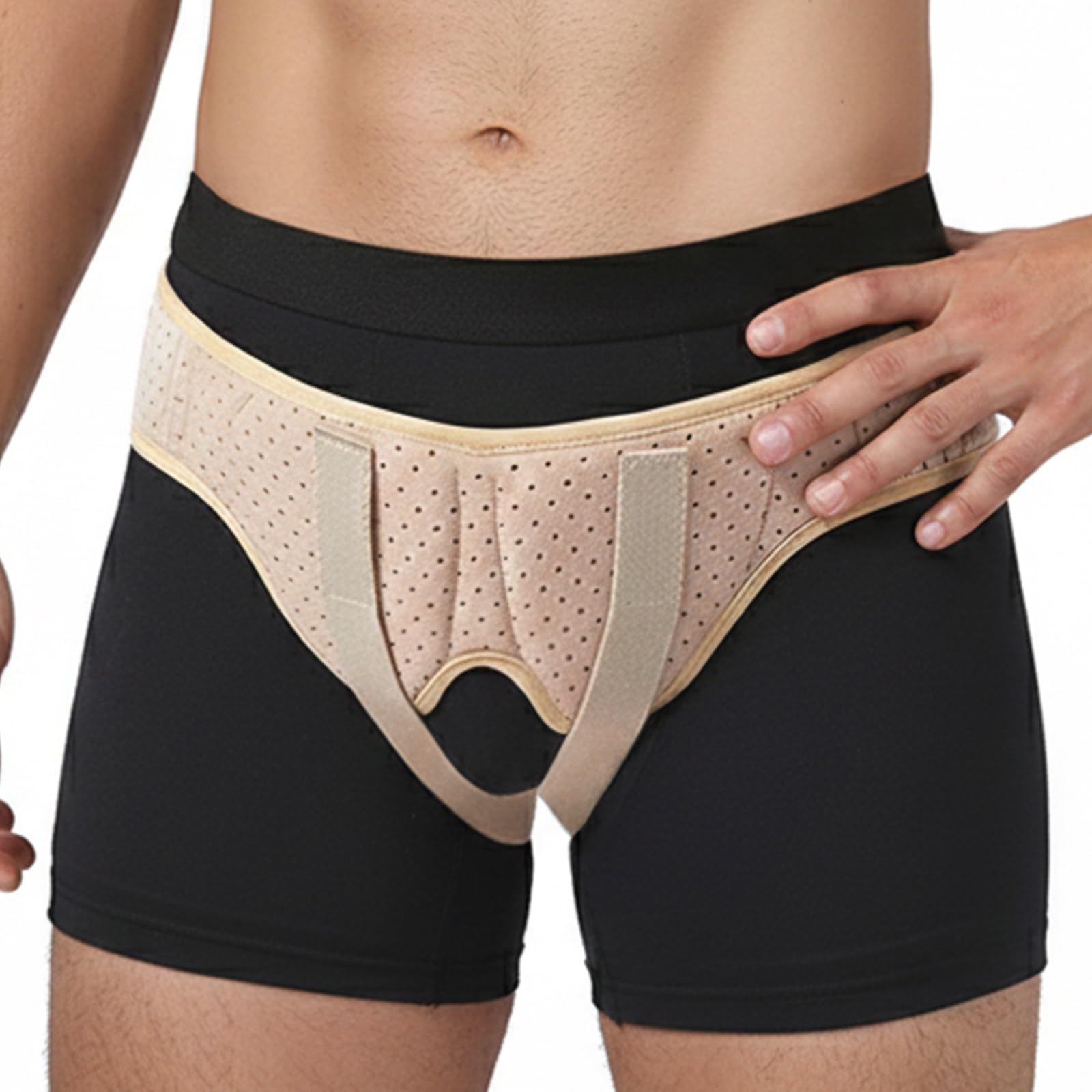 Leistenbruchgürtel für Männer und Frauen, Bruchband Leistenbruch, Einfach Anzulegen, Abnehmbare Eva Druckpolster, Einseitig und Beidseitig(Beige,L)