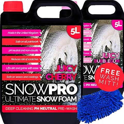 SnowPro Cherry Snow Foam Shampoo pH Neutral 5L with Bubblegum Snow Foam 5L and Car Wash Mitt Cover