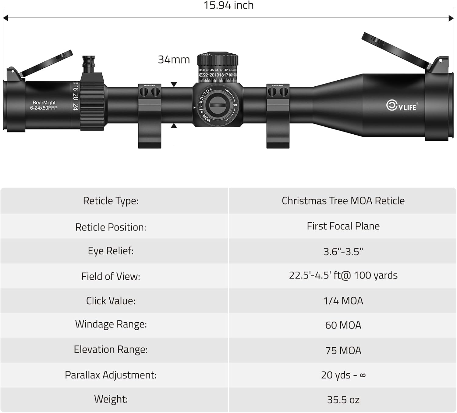 CVLIFE BearMight ED 6-24x50 FFP Rifle Scope - ED Glass, Zero Stop, Illuminated MOA Reticle, Side Focus Parallax Adjustment - First Focal Plane - Long Range Rifle Scope for Hunting - 34mm Tube