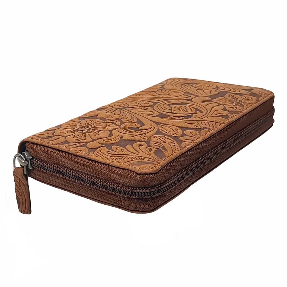 Monedero Billetero de Piel de Búfalo con Diseño de Flores, Compacto con Cremallera, con Protección RFID y Compartimentos para Tarjetas de Crédito, Color Marrón