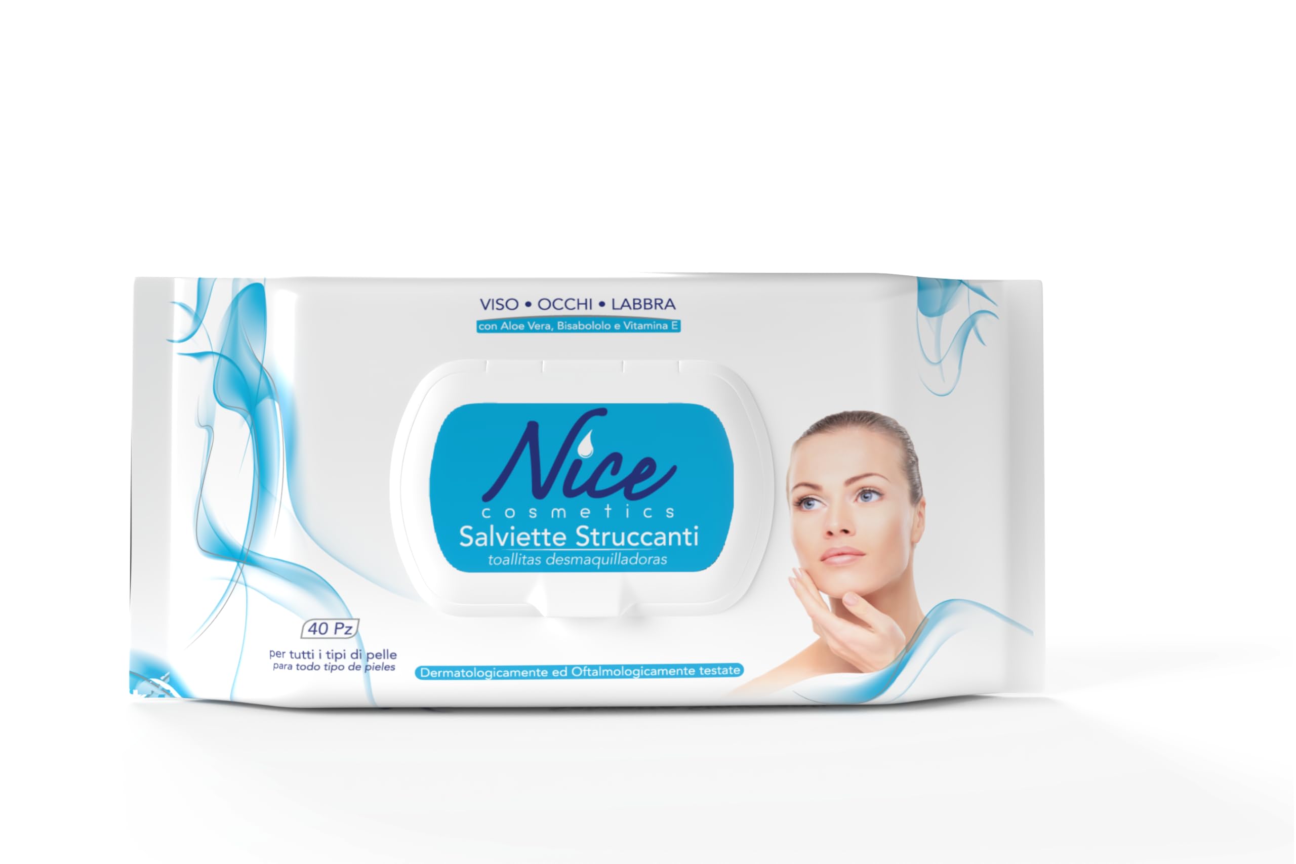 Nice Salviette Struccanti per Viso, Occhi e Labbra, con Aloe Vera, Bisabololo e Vitamina E, Dermatologicamente e Oftalmologicamente Testate, Confezione da 40 Salviette