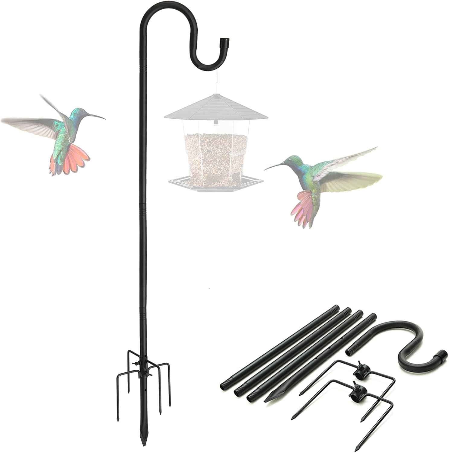 Shepherds Hooks, 94" Bird Feeder Pole for Outdoor, 4/5” Thick Hummingbird Feeders Stand Heavy Duty, Hanging Plant Hanger Stake with 5-Prong Base, Metal Shepard Stick