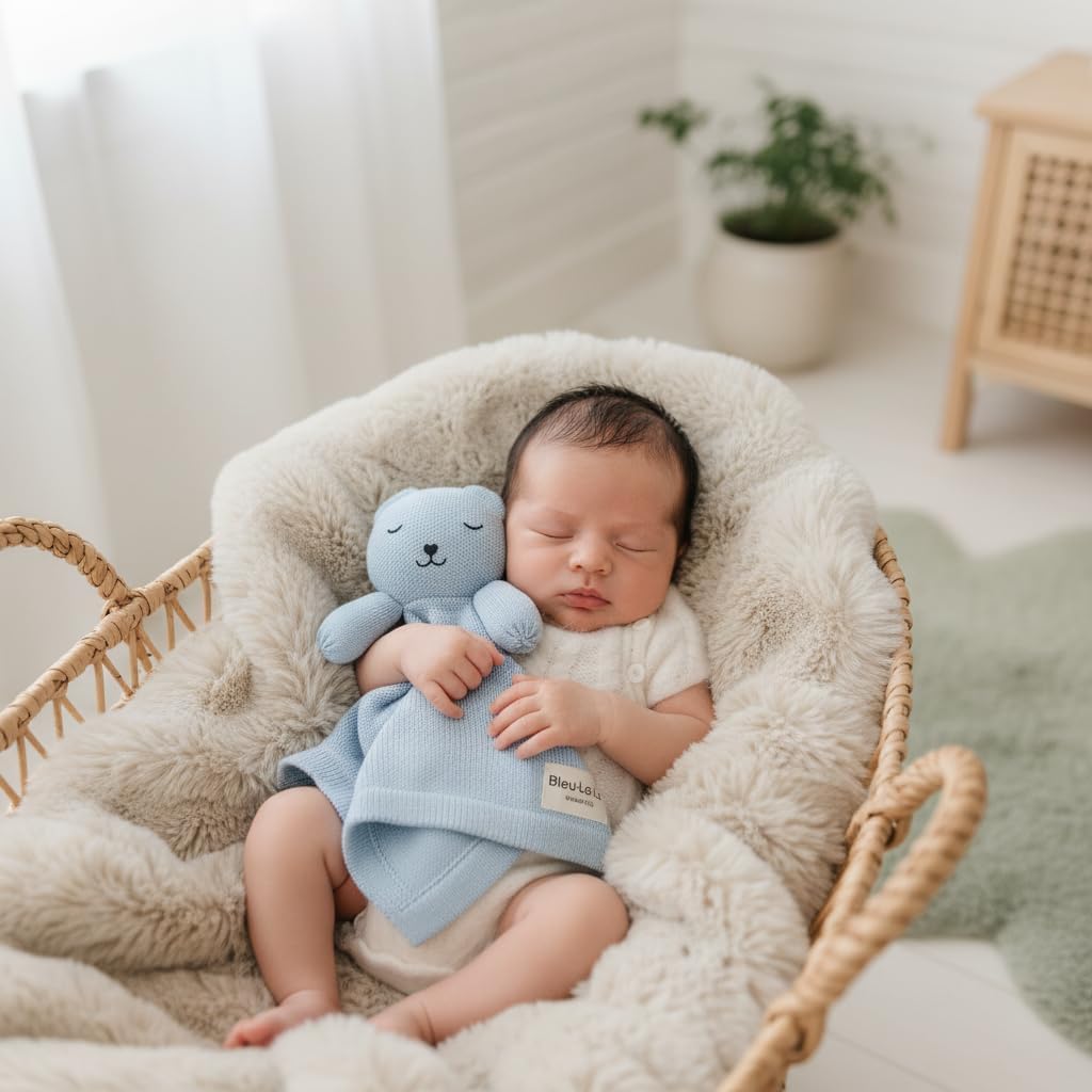 Organic Plush Lovey Security Blanket – Ultra-Soft Comfort Blanket for Newborns & Toddlers, Plush Snuggle Toy for Soothing, Perfect for Boys & Girls (Bear – Sky Blue)