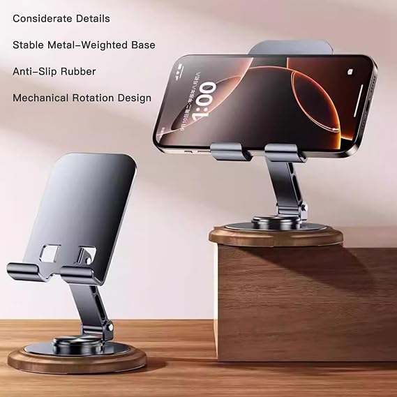 Adjustable Cell Phone Stand,360 Rotating Foldable Desktop Cellphone Stand with Anti-Slip Base Portable Phone Holder for iPhone 16 15 14 13 Pro Max, All Smart Phones, iPad (Wood)