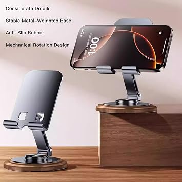 Adjustable Cell Phone Stand,360 Rotating Foldable Desktop Cellphone Stand with Anti-Slip Base Portable Phone Holder for iPhone 16 15 14 13 Pro Max, All Smart Phones, iPad (Wood)