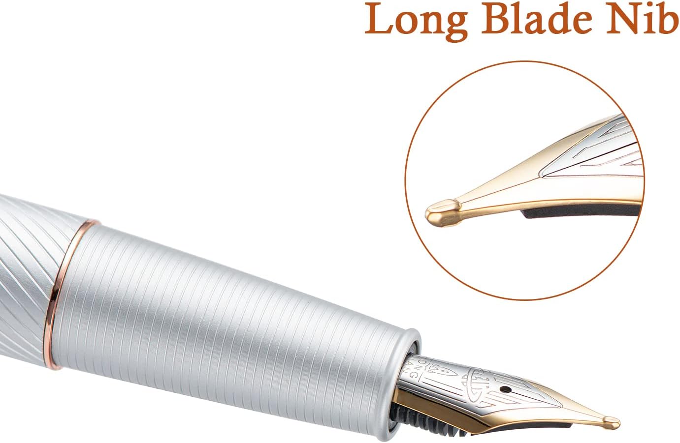 HONG DIAN A3 Silver Aluminum Fountain Pen, Long Blade Fine Nib Luxury Design Calligraphy Writing Pen with Converter and Metal Pen Case Set (Rose Gold Trim)