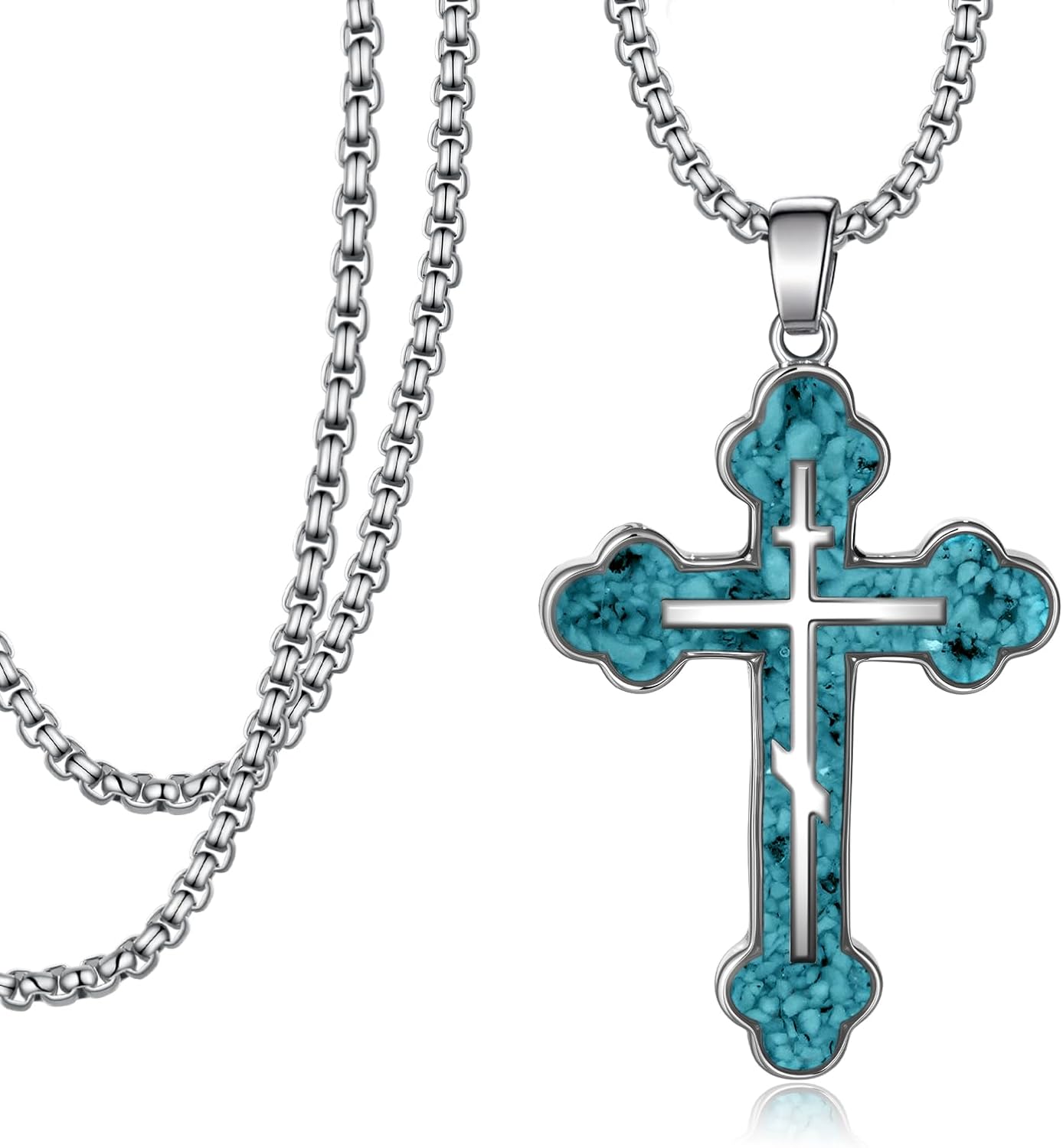Orthodox Cross Necklace for Men, Sterling Silver Orthodox Pendant with Turquoise, Cross Jewelry Gift for Men