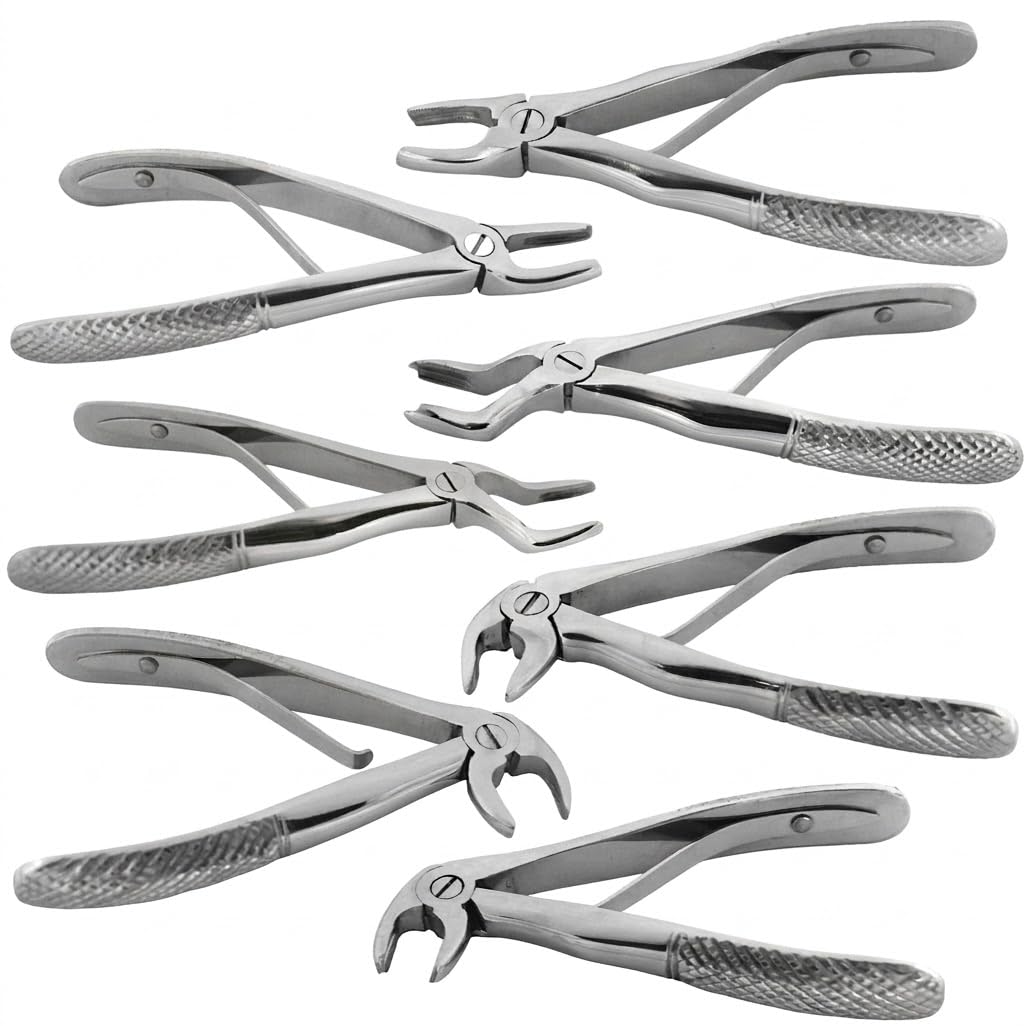 Baby Set 7 Pinze Estrazione Dentale Pediatrica CE | Acciaio Inossidabile, Autoclavabile, Impugnatura Ergonomica, Denti da Latte, Uso Professionale