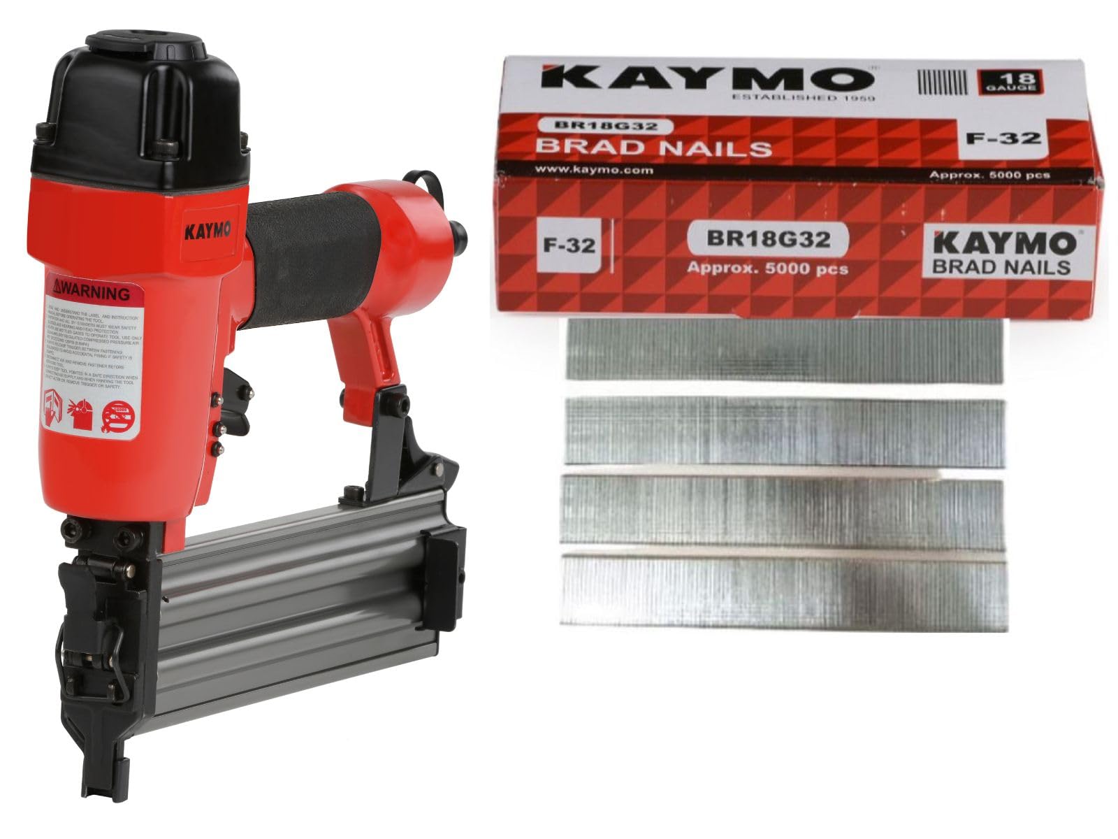 Kaymo NEO-PB18G50 Pneumatic Brad Nailer with F-32mm Brad Nails (5000 Pins) | 18 Gauge | 1.28 Kg Lightweight | 75–90 PSI | 360° Air Exhaust | Depth Adjustment | Metal Magazine | Unjamming Catch