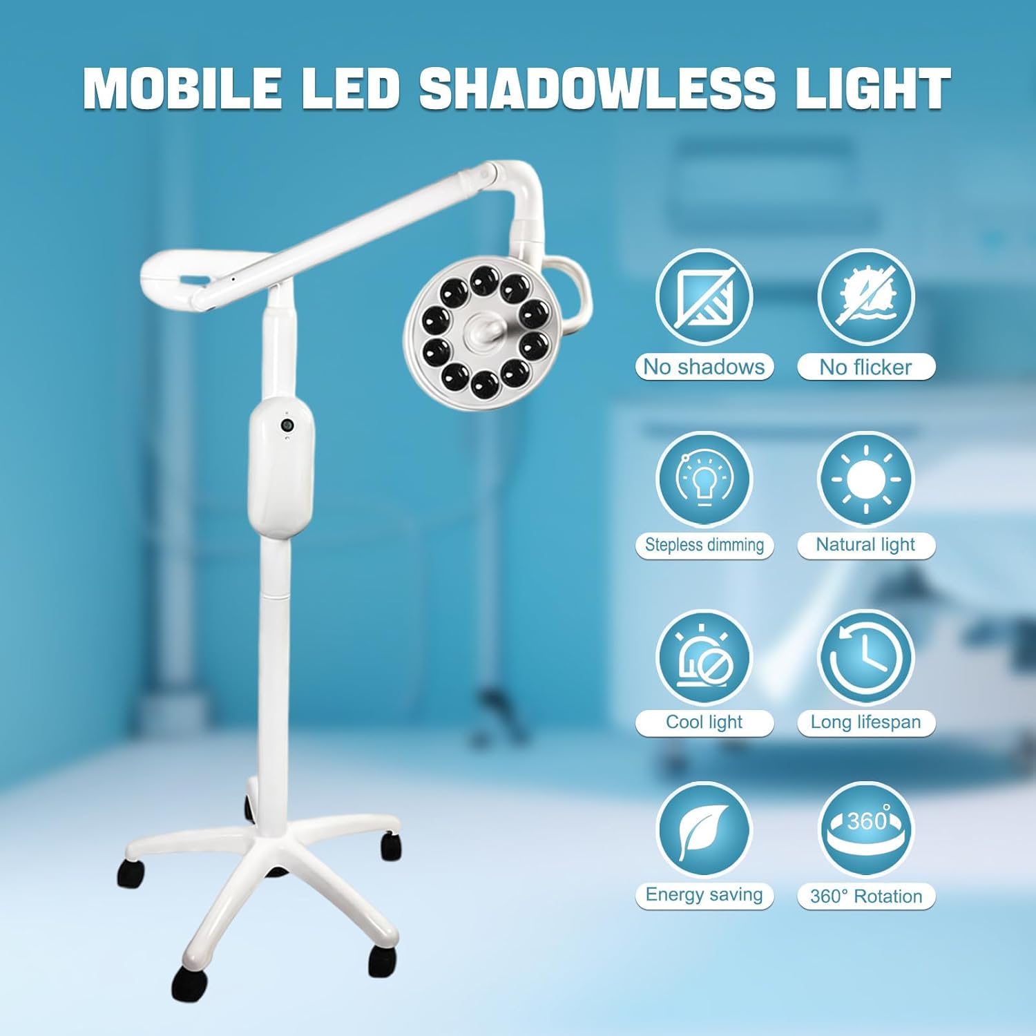 Lampada Chirurgica a LED Per Visite Mediche, Lampada Mobile Da 30 W Per Visite Mediche, Illuminazione Da 60.000 Lx, Temperatura Di Colore Regolabile Da 5000 a 6000 K, Rotazione a 360°, Per Ambulatori