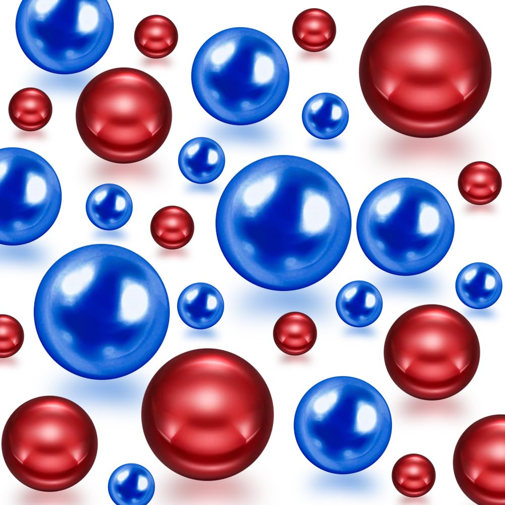 150Pcs Blue&Red Polished No Hole Faux Pearl Beads for Vase Filling Decorations, Plastic Pearls Vase Fillers, Table Scatters, Wedding Centerpiece, 8/14