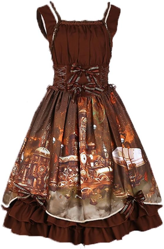BLESSI Women's Lolita Steampunk Print Princess Style One-Piece Brace Dress