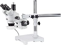 Vista 2 de AmScope - Microscopio de zoom estéreo trinocular negro 3.5X-180X en soporte de brazo único + anillo de luz LED ajustable de 144 direcciones + cámara