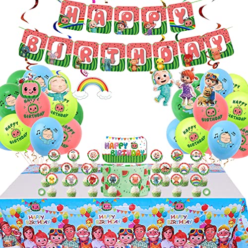 Cocomelon Birthday Party Supplies, Cocomelon Party Decorations Include Happy Birthday Banner, Tablecloth, Hanging Swirls, Cake Toppers, Latex Balloons for Boys Girls Birthday Party