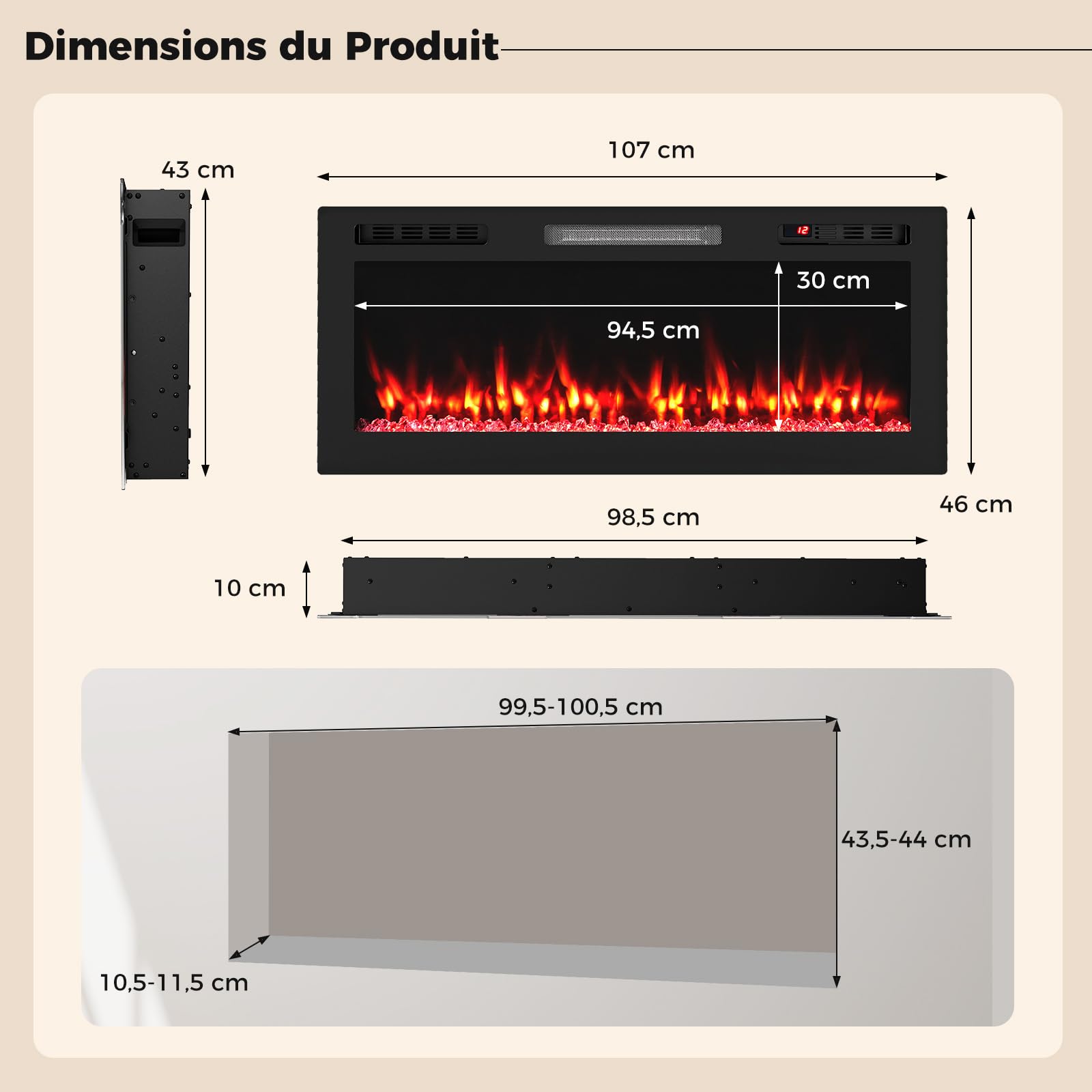 GOPLUS Cheminée Electrique avec Effet Flamme, Chauffage 750W/1500W avec Écran LED, 12 Couleurs de Flammes, Minuterie 12 H, Fausse Cheminée Montage Mural et Encastré, Télécommande pour Salon