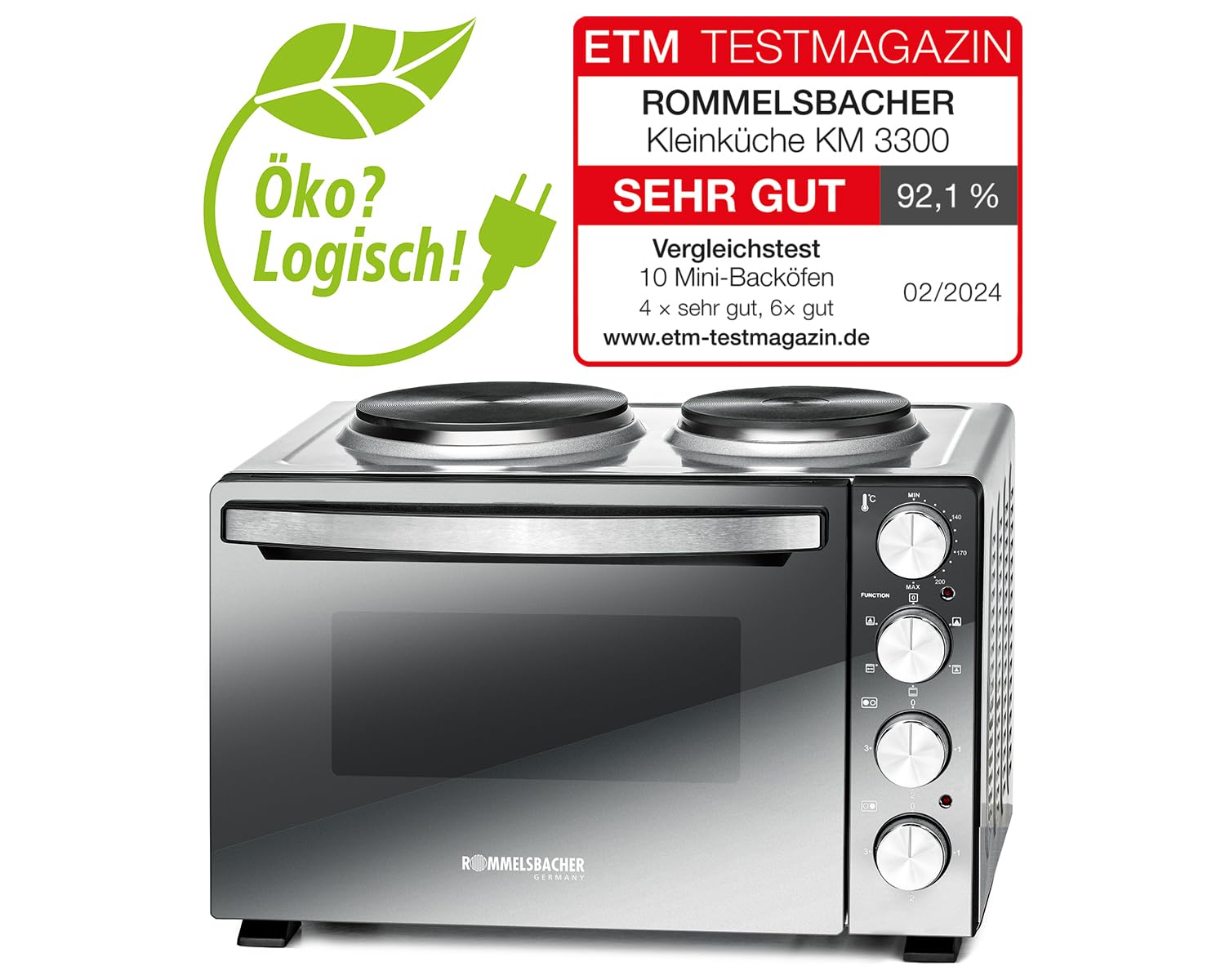 ROMMELSBACHER KLEINKÜCHE KM 3300-2 Gussheizplatten, 30 Liter Backraum, Oberhitze, Unterhitze, Umluft, Drehspieß, 3 Einschubebenen, Doppelverglasung, Spiegelglas-Front, 3250 Watt, silber/schwarz