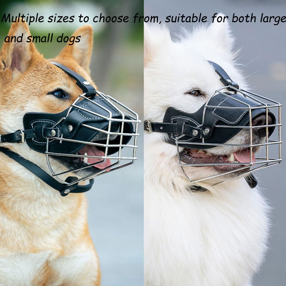 Bozal para Perro Bozales Anti-Morder Transpirable Cesta de Metal para la Cara para Perros Anti Morder y Ladrar,Correa de Cuero Ajustable Adecuada para Perros Grandes pequeños y medianos de 7.5 a 35 kg