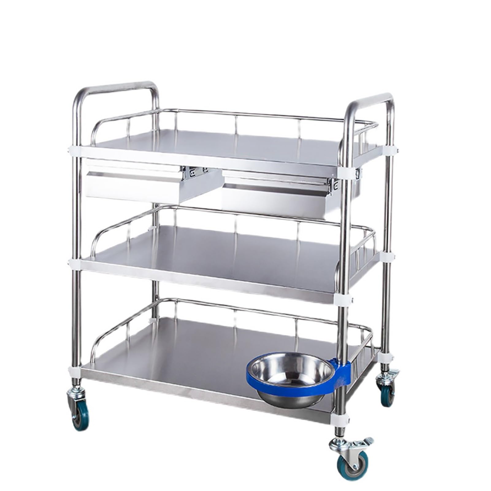Carro de Laboratorio de 3 estantes con Ruedas de Acero Inoxidable, con Dos cajones, Carro de Laboratorio de Servicio de clínica móvil, para hospitales, clínicas, spas, Salones de Belleza, sa