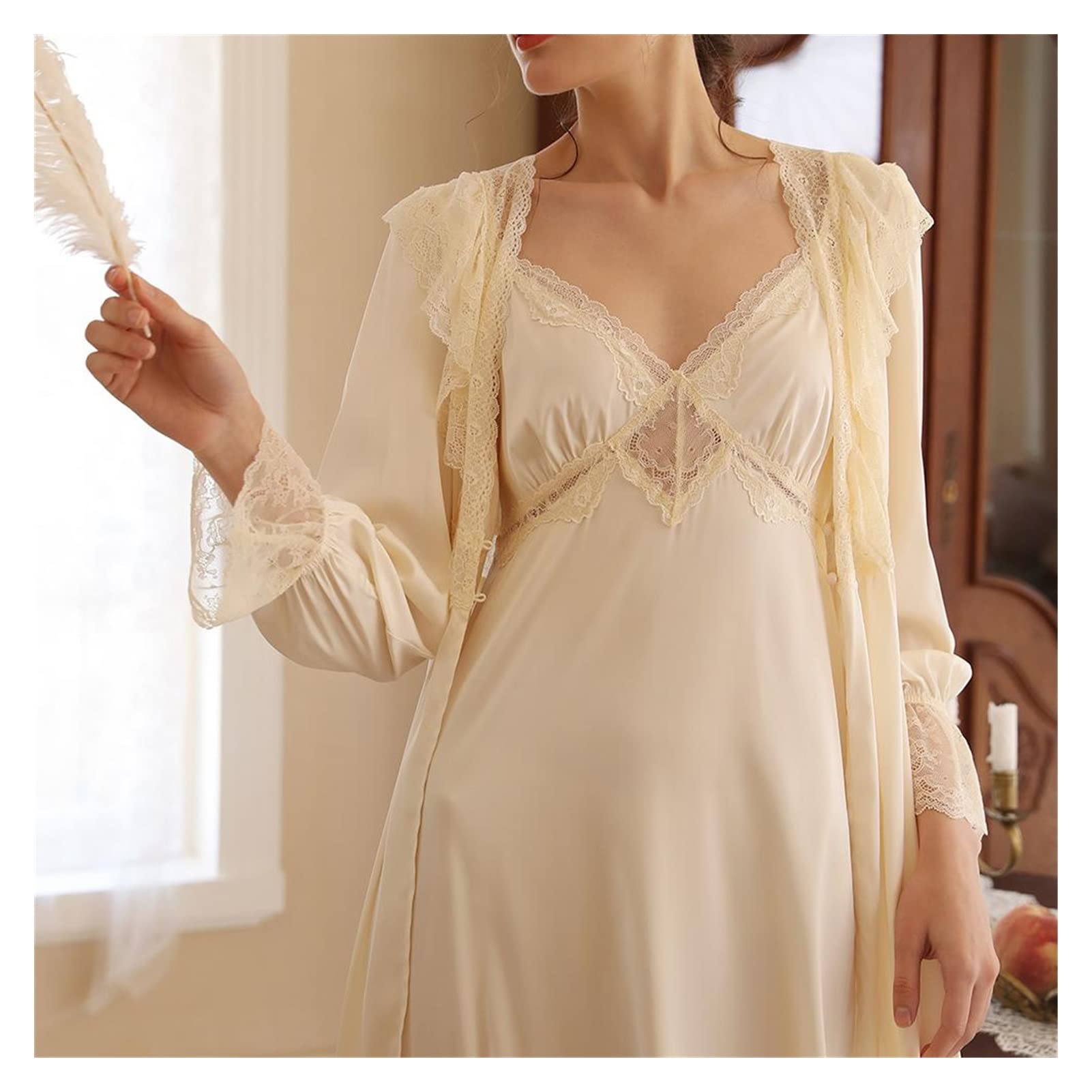 Pure Silk Silky Nightgown And Robe Set Pure Silk Chemise Cream