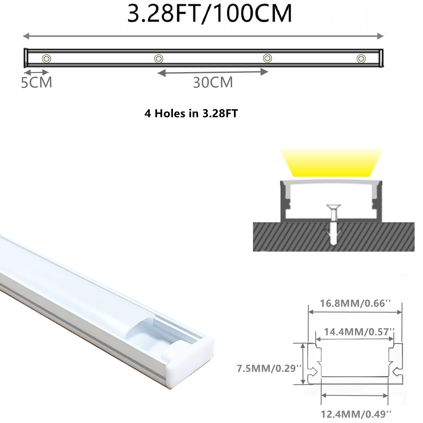 THMOOTHER 20 taśm LED, nawiercone, bez klipsów, do taśm LED w kształcie litery U, mocowane pod szafką, niski profil z mleczną osłoną odporną na promieniowanie UV (20 szt.)
