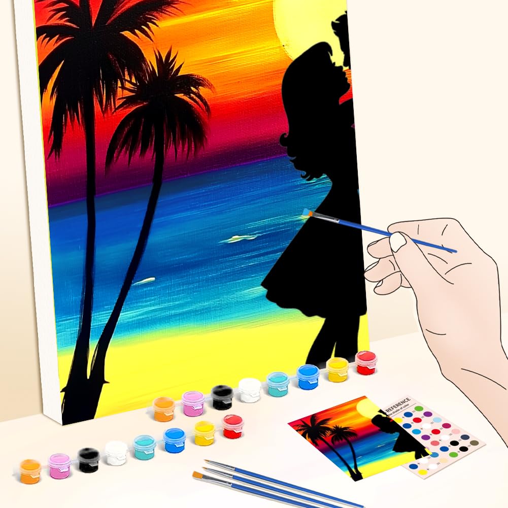 WEBEEDY 2 Packt Malen nach Zahlen Set Für Den Paar Date Abend 20x25cm Sonnenuntergang Vorzeichnung Strand Leinwand Für Malpartybedarf Geburtstag Jubiläen Hochzeitsgeschenk DIY Wanddekoration
