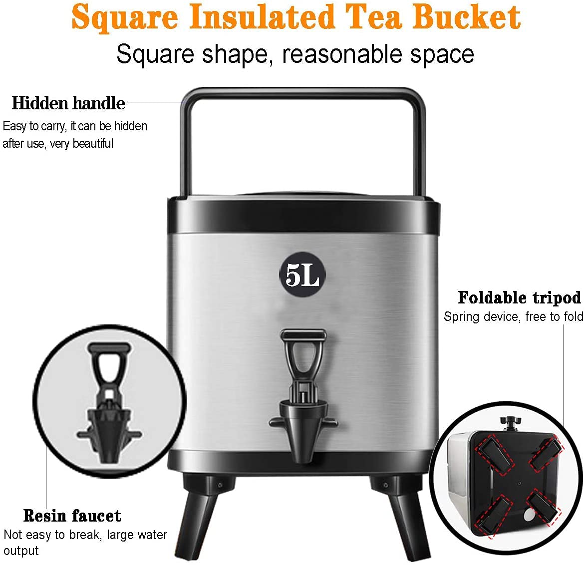 Barril Aislado De Acero Inoxidable Para Leche, Té, Café, Agua, Dispensador De Agua Caliente, Urna De Café Portátil Y Dispensador De Bebidas Adecuado Para Uso Comercial Y Doméstico-5L