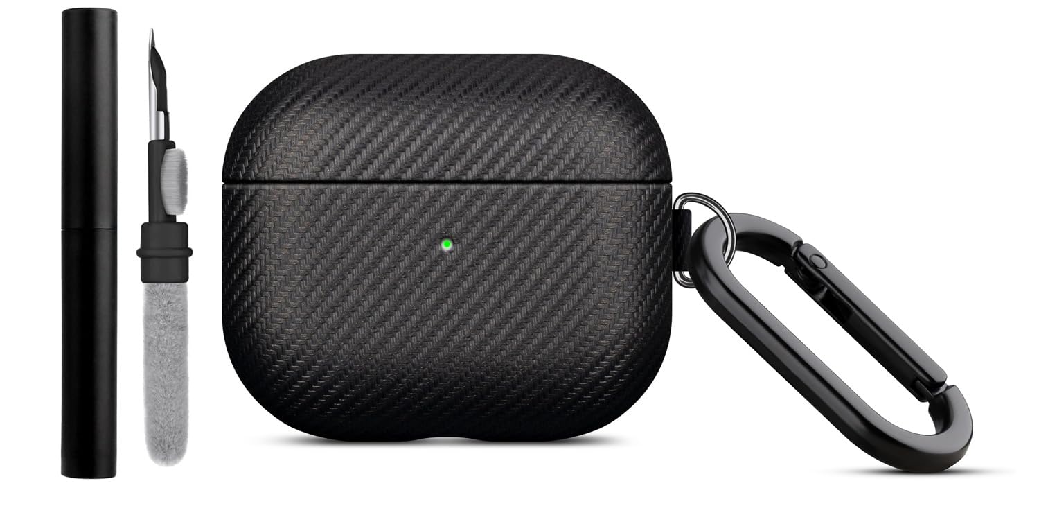 LOPIE Case Compatible with AirPods 3 (Released in 2021), Carbon Fiber Style Vegan Leather Case with Clip & Cleaner Kit, Protective Cover for Gen 3
