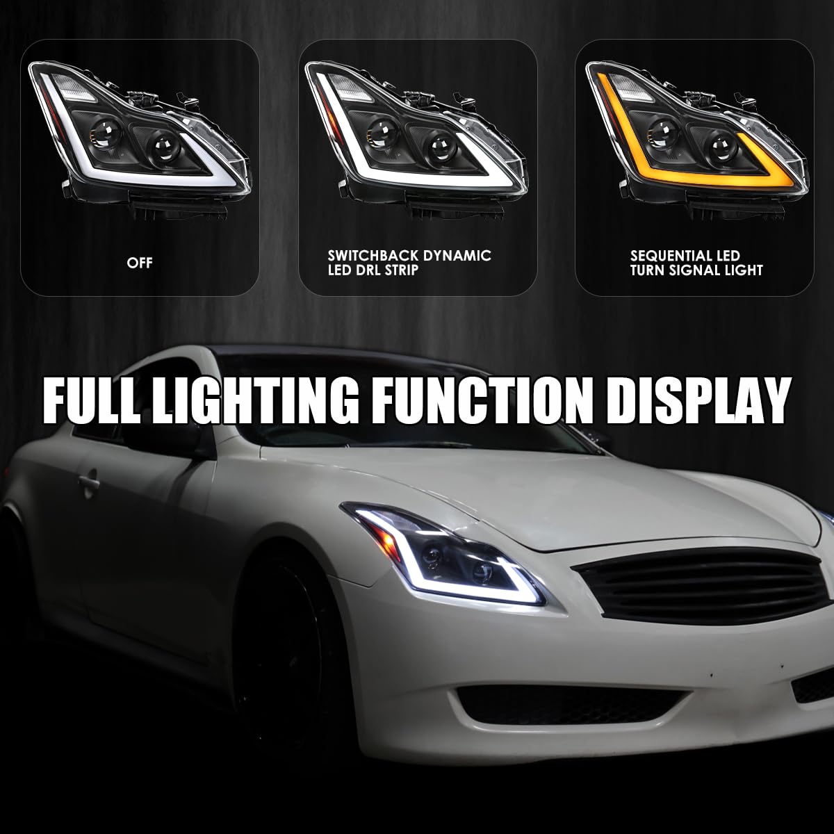 Smoke LED Projector Headlights For Infiniti G37 / G25 Sedan (2010-2013) - Black Housing, Sequential