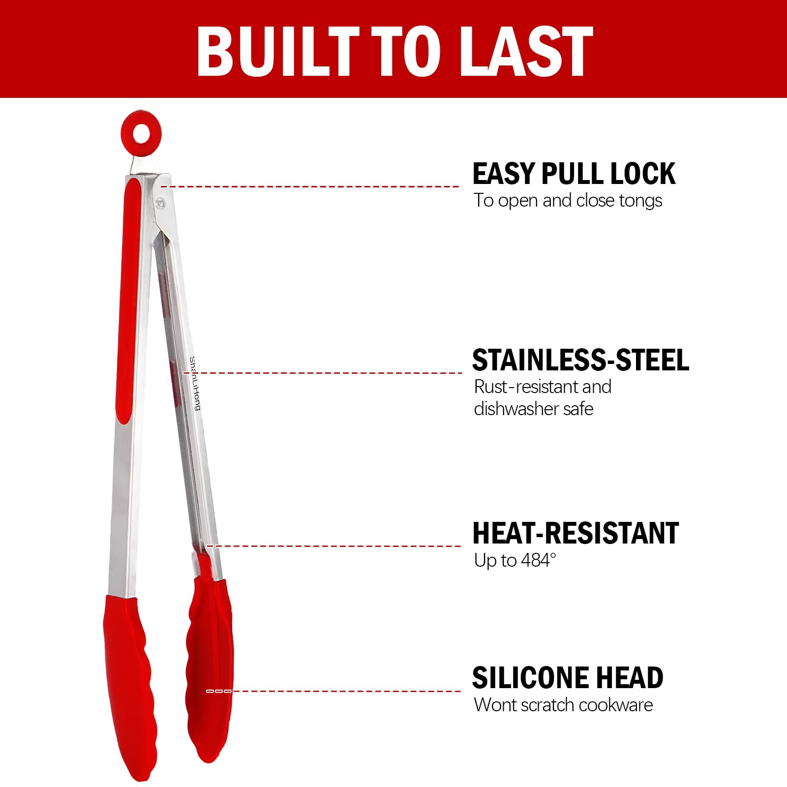 ShanLiHong Kitchen Tongs for Cooking, Stainless Steel Heat Resistant Set of 2 BBQ Tong, Non Scratch Silicone Tip .Strong Grip, Grab Food, Toss Salad, Air Fryer, Pull Lock, 9 + 12 Inch, (Red)