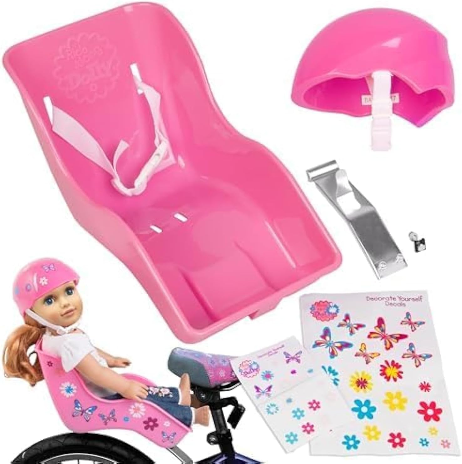 Ride Along Dolly Pink Bike Seat and Helmet for American Girl and 18 in s - Both w Decorate Yourself Decals for DIY Kids Bike Accessories
