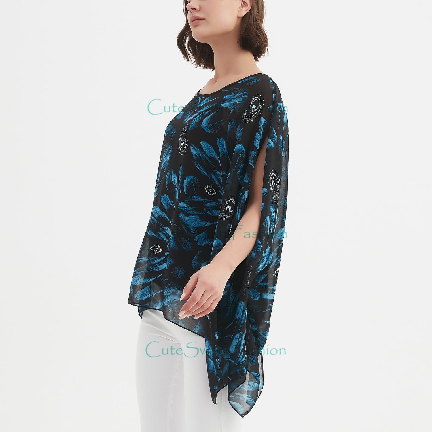CuteSwan Camicetta da donna Lagenlook caftano con maniche a pipistrello in chiffon bohémien sciolto floreale camicetta tunica
