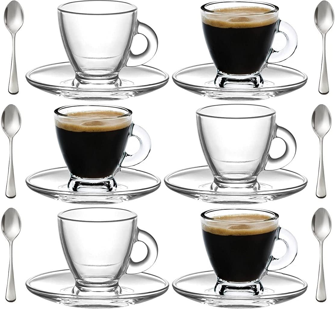 Small 95Ml Coffee Cup Set Saucers (18 Pcs) Turkish Tea Glasses Set, Cups, Saucers, 6 Glasses, And Stainless Steel Spoons (Penguen)